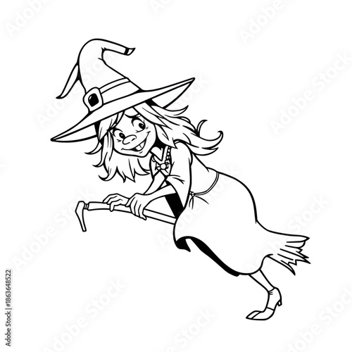A cartoon illustration of a smiling young witch flying on a broomstick with a pointed hat and flowing dress