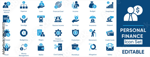 Personal Finance and Money Management Icon Set. Vector Glyph Icons for Banking Investment and Budget Planning.