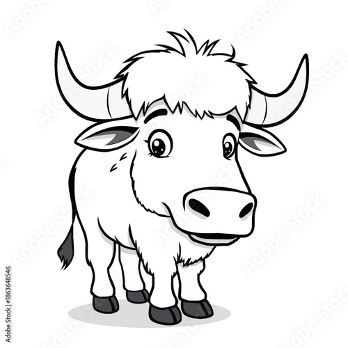 A cartoon bull with a friendly expression stands facing to the right on a plain white background with its body turned slightly towards the viewer.