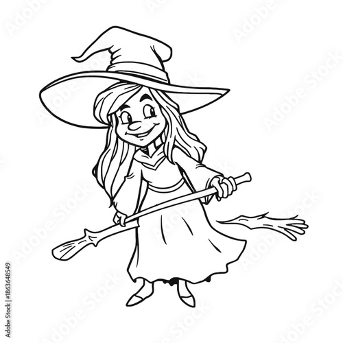 A smiling cartoon witch with long hair wearing a hat and holding a broomstick in a flying pose