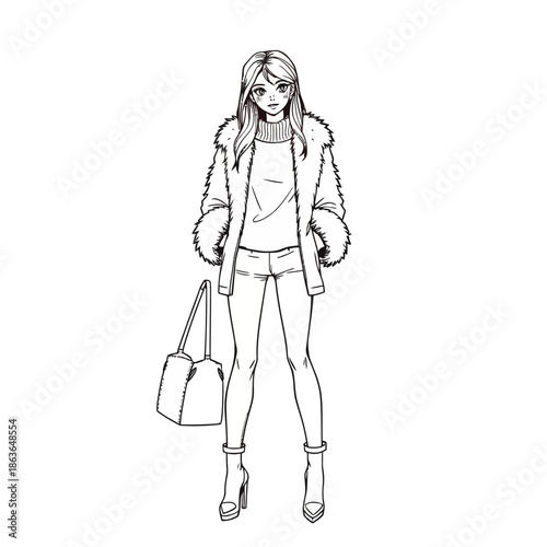 A young woman in a stylish outfit with a fur jacket and handbag stands confidently with a modern illustration style