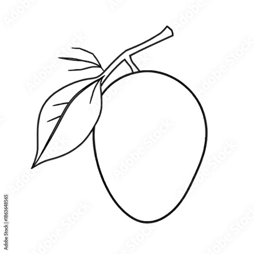 A simple line drawing of a mango with a leaf on a white background