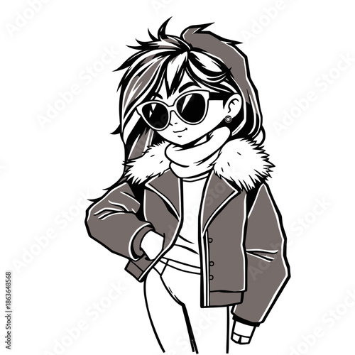 A cartoon girl wearing sunglasses and a fur-lined jacket with a hood stands confidently with one hand on her hip against a plain white background.
