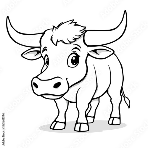 A cartoon bull with large horns and a friendly expression standing on a plain white background