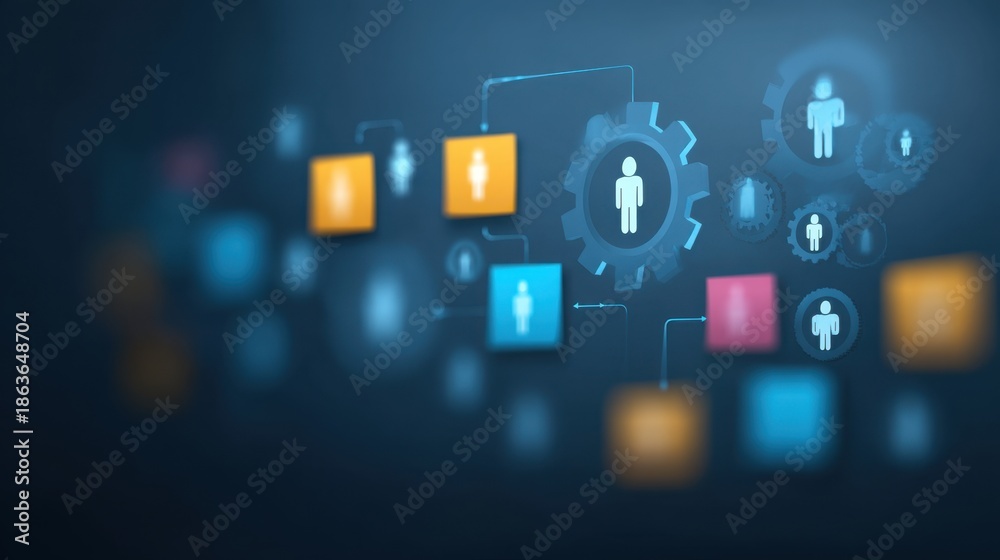 Fototapeta premium Abstract representation of agile workflow with icons and gears, illustrating team development process in a modern digital backdrop.