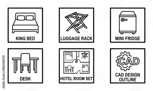 Furniture CAD design outline icons set, including hotel room set, bed, luggage rack, mini fridge, and desk.