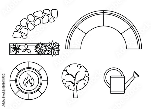 Garden elements illustration, perfect for landscaping, garden design project. Includes fire pit, tree, watering can.