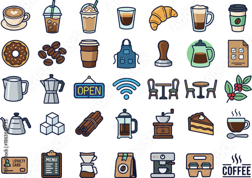 Colorful Flat Design Icons of Coffee Drinks, Cafe Items, and Accessories
