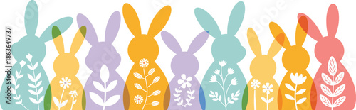 A row of eight translucent colorful Easter bunnies with overlapping floral and leaf patterns