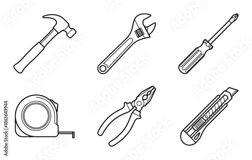 Hand tools vector set in a flat style. Black and white illustration with hammer, wrench, and screwdriver.