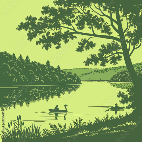 Stylized monochrome illustration depicts tranquil summer lake scene with dense foliage framing a calm expanse where small boats glide peacefully.