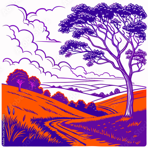 Stylized illustration of a winding country road leading through rolling hills under dramatic clouds beside a solitary large tree