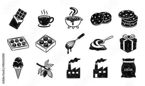 Hand-drawn chocolate doodles featuring cocoa factory, chocolate bar, hot drink, cookies, truffles, and cocoa bag.
