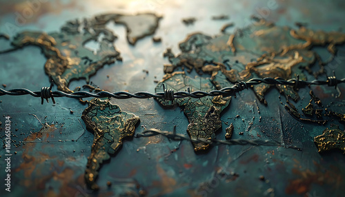 Global Divide: A thought-provoking visual metaphor of the world map, etched in metallic tones, intersected by a stark barbed wire, symbolizing division and conflict across nations and continents. 