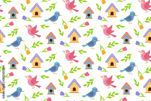 Detailed vector illustration of a seamless pattern featuring colorful birds, birdhouses, and flowers on a white background. The design is ideal for spring-themed projects and decor.
