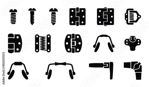 Hardware vector icons featuring screws, hinges, and nose pads for glasses in black color.