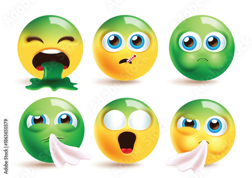 Emoji sick ill icon clipart set. Green face emoji character clip art with unwell, vomit, green liquid, upset and disgusted unhealthy 3d collection vector illustration. 
