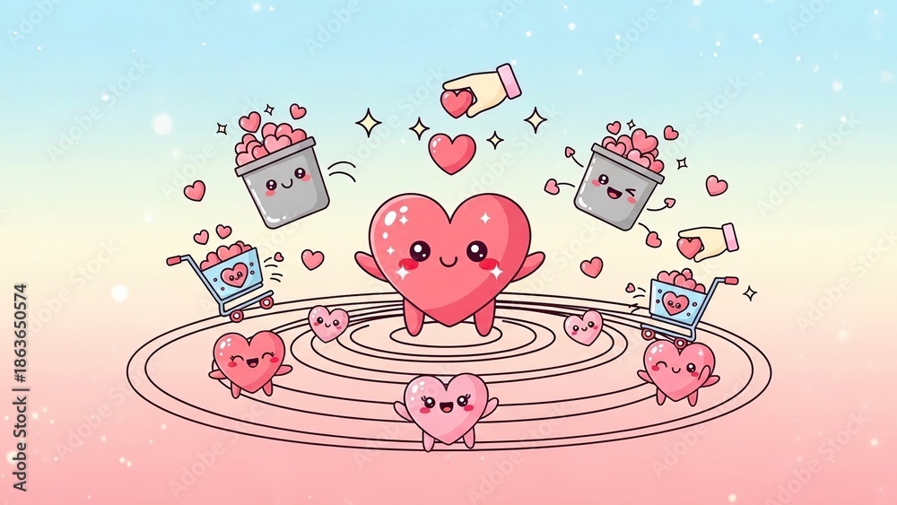 Obraz premium Adorable smiling heart characters shopping with carts full of love-themed items in a cheerful pastel romantic scene