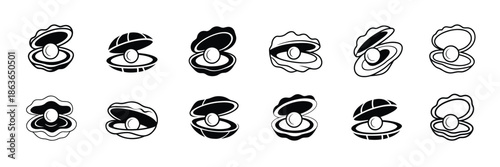Diverse oyster pearl vector icon collection with various shell designs, perfect for web and mobile app interfaces