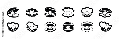 Diverse oyster pearl vector icons set, featuring unique shell styles, ideal for modern web and mobile applications,