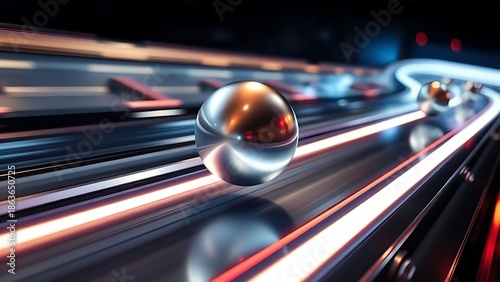 pinball. A silver pinball rolling on a glowing track and impacting a shiny bumper. event key visuals, club posters, designed for sports event promotions and stadium branding.