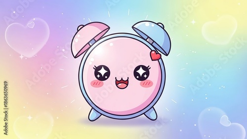 Adorable pink alarm clock mascot with blue cap and heart design in cheerful pastel gradient setting with sparkles and floating shapes