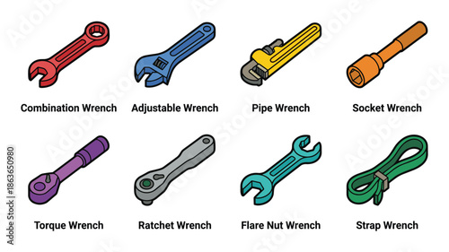 Illustrated cartoon set featuring different wrenches types. Colorful tools for various tightening applications.