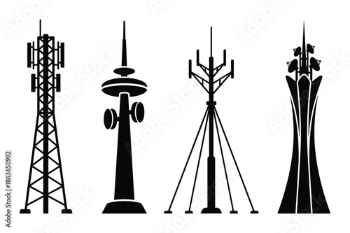 Illustrates four different communication tower styles, including antenna and transmitters. Vector set, silhouettes, broadcast