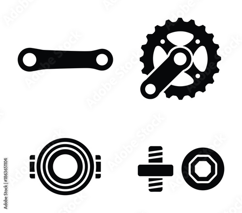 Illustration of bicycle parts: crankset, bearing, bolt and nut. Vector graphics for mechanics, repair, and restoration projects.