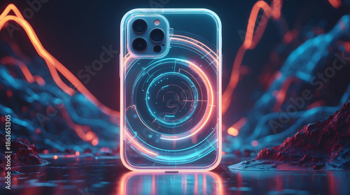 Futuristic Transparent Smartphone Concept with Glowing Neon Circuitry and Holographic Display