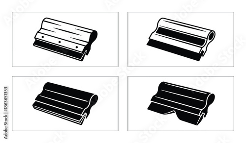 Illustration of four screen printing squeegees in different styles. Black and white vector graphic.