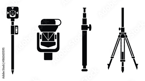 Illustration of surveying equipment including reflector, tribrach, rod, and tripod for precise measurements.
