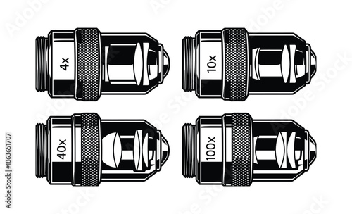 Illustration set of four microscope objective lenses with varying magnifications, 4x, 10x, 40x and 100x.