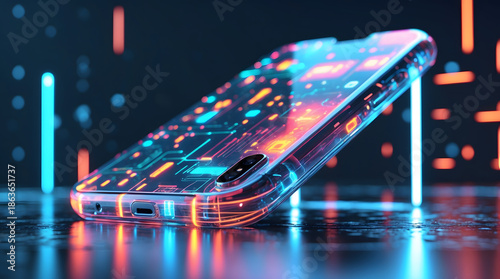 Futuristic Transparent Smartphone Concept with Glowing Neon Circuitry and Holographic Display