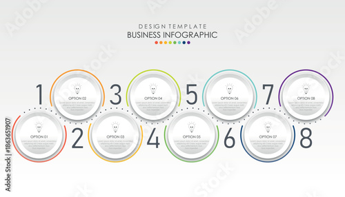 Timeline infographic design vector with icon and 8  options. Can be used for workflow diagram, info chart, annual report.