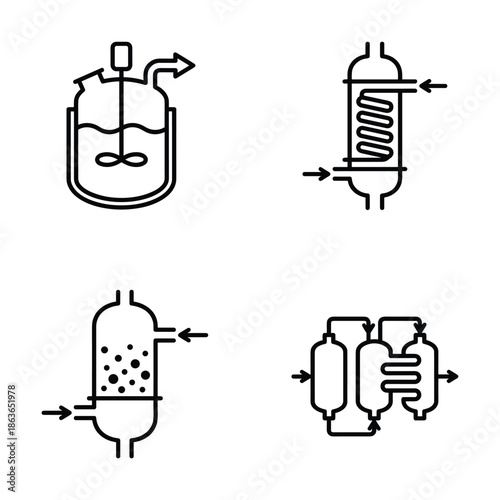 Illustrations of chemical process equipment: reactor, heat exchanger, distillation column, and flow diagram.