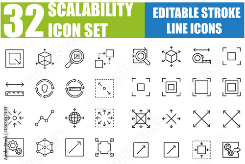Scalability Icon Set - Growth, Expansion, Stretch, Elasticity, Efficiency, Scalable Resize, Performance, Adaptability, Cloud, Business Growth, Technology, Upward Trend and More - Editable Line Icons, 