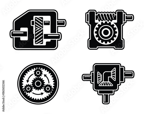 Illustrations set of different gear mechanisms. Perfect for engineering and mechanical projects.