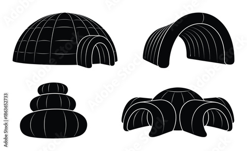 Inflatable vector art showcasing a dome, tunnel, tower, and pod structures. Sleek, modern architectural designs.