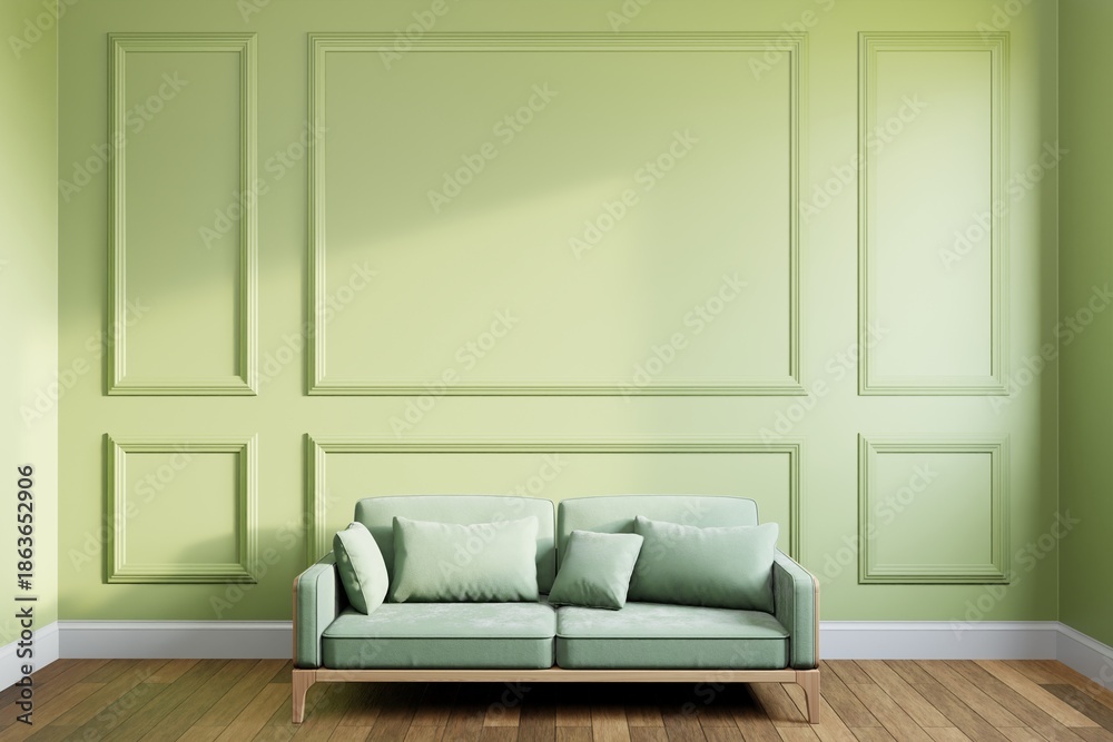 Fototapeta premium sofa and decor in Living room, empty green sage panelling wall background, classical design, wooden floor. Mock up, 3D rendering.
