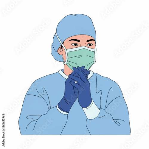 Dedicated medical professional in scrubs, mask, and gloves.