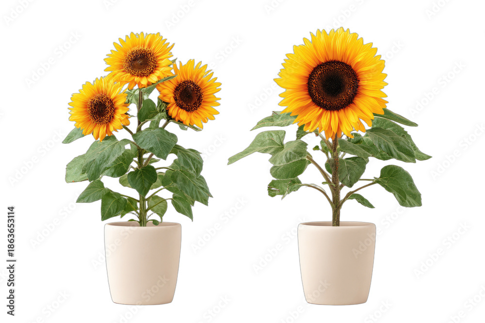 Obraz premium Two potted plants showcasing bright yellow sunflowers with green foliage