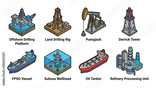 Isometric icons of the oil and gas industry, including drilling platforms, tankers, and processing units.