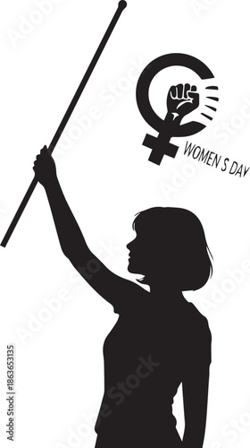 Silhouette of a woman holding a flag with a feminist symbol