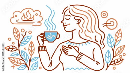 Woman enjoying a warm cup of coffee in a peaceful setting
