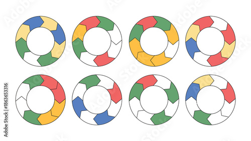 Colorful circular arrow infographic diagrams depicting cycle steps and continuous process flow, clean white background vector set perfect for business strategy, workflow visualization