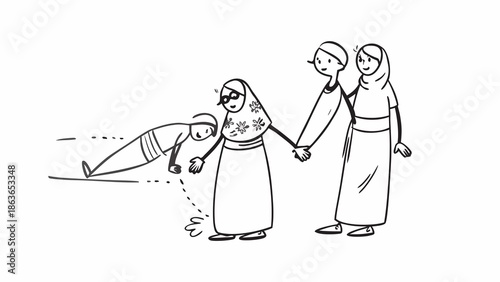 Diverse women supporting friend in playful cartoon illustration