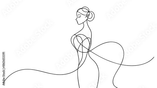 Elegant woman in flowing dress captured in minimalist line art