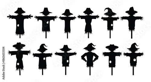 Silhouette collection of halloween scarecrows in various poses and hat designs