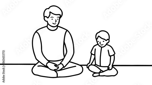 Man and boy meditating together in serene setting